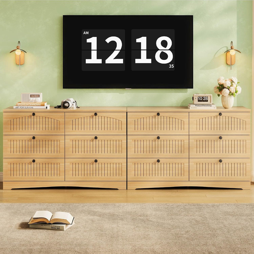 Fluted 6 Drawer Dresser, Wooden Chest of Drawers for Bedroom, Light Oak