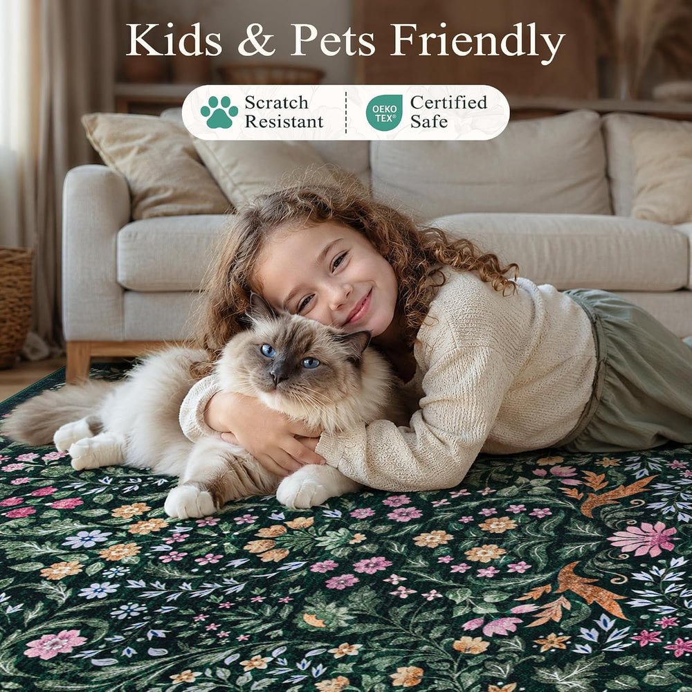 Tosuoka 6x9 Area Rugs Washable Floral Rug Boho Dark Green Carpet Farmhouse