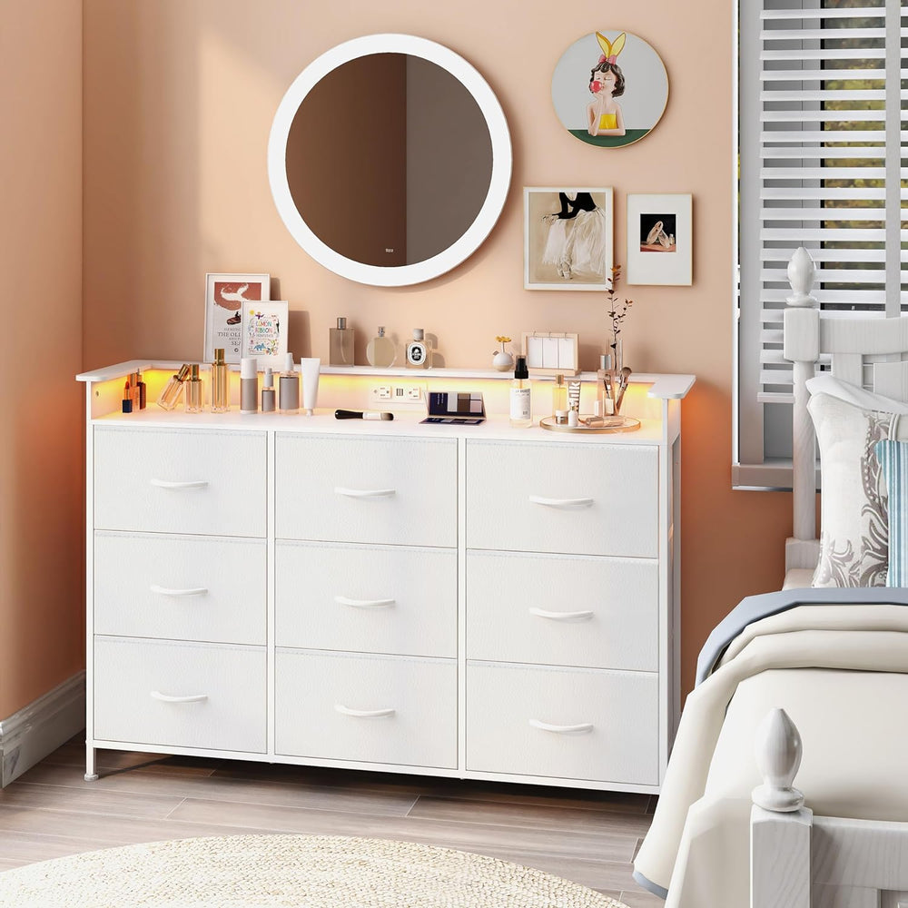 EXOTICA White Dresser with LED Light for Bedroom 9 Drawer Dressers with Charg...