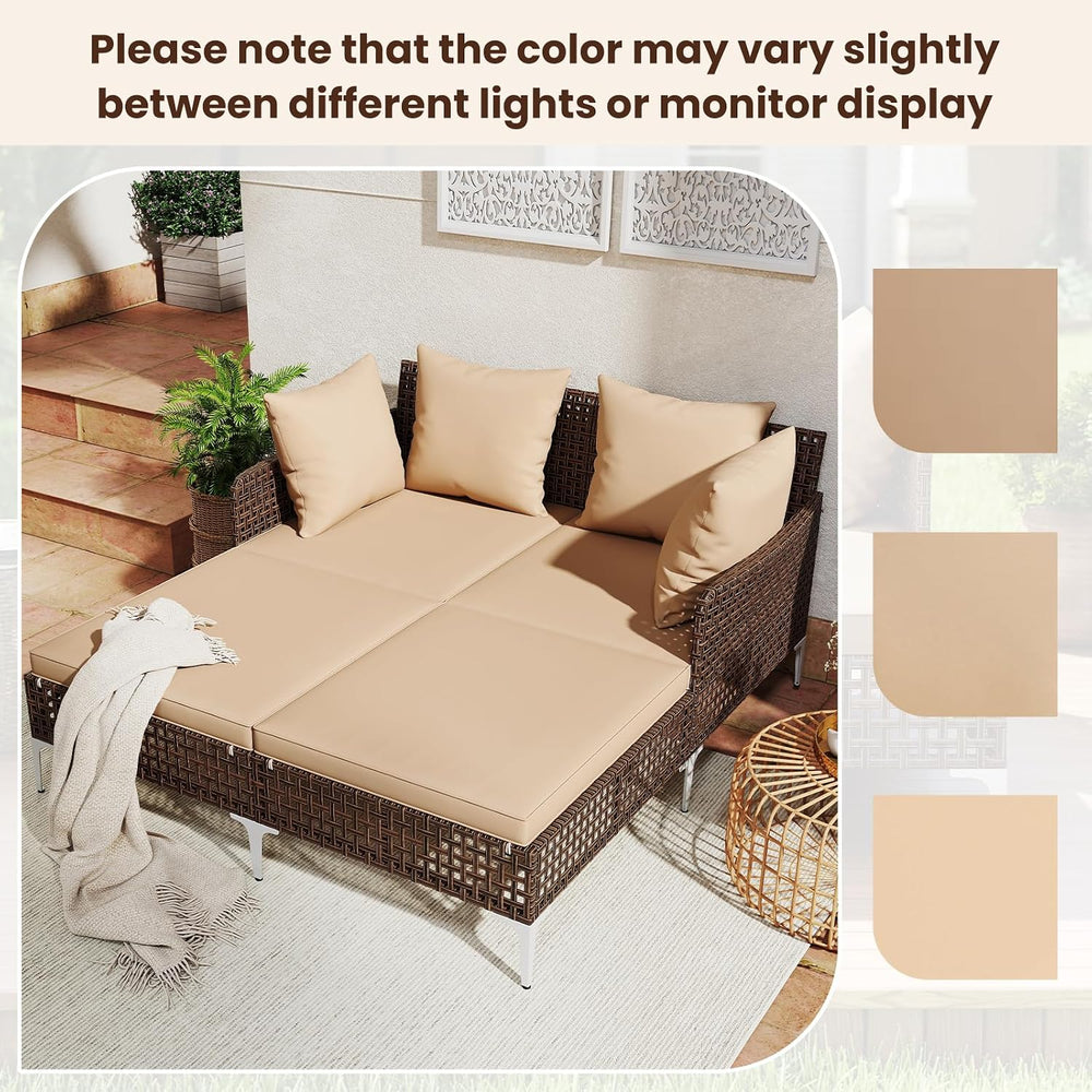 Tangkula Outdoor Rattan Double Daybed, Boho Wicker Chaise Lounge for 2 with S...