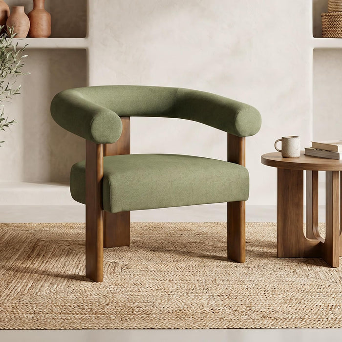 Usaint Upholstered Barrel Accent Chair with Walnut Wood Legs and Armrests