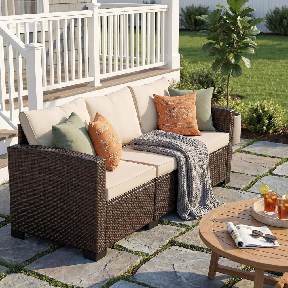 Devoko Patio Sofa,Wicker Outdoor Couch 3 Seater with Anti-Slip Cushions &...