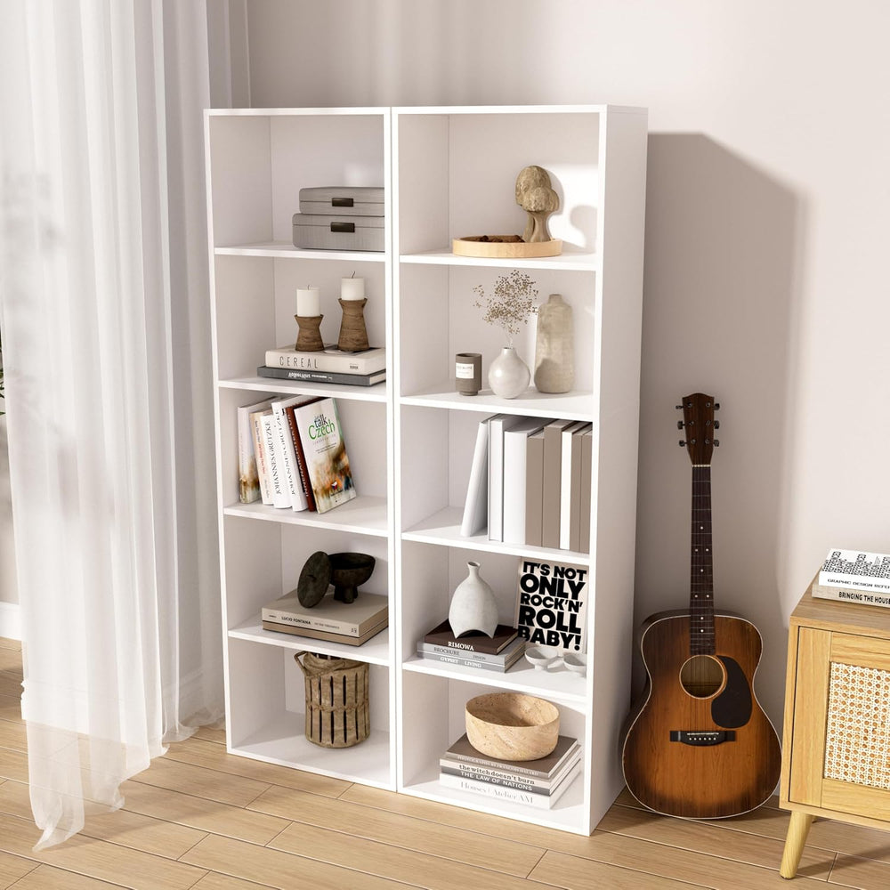 Wooden 5 Cube Storage Organizer, White 5 Tier Bookcase Bookshelf Freestanding...