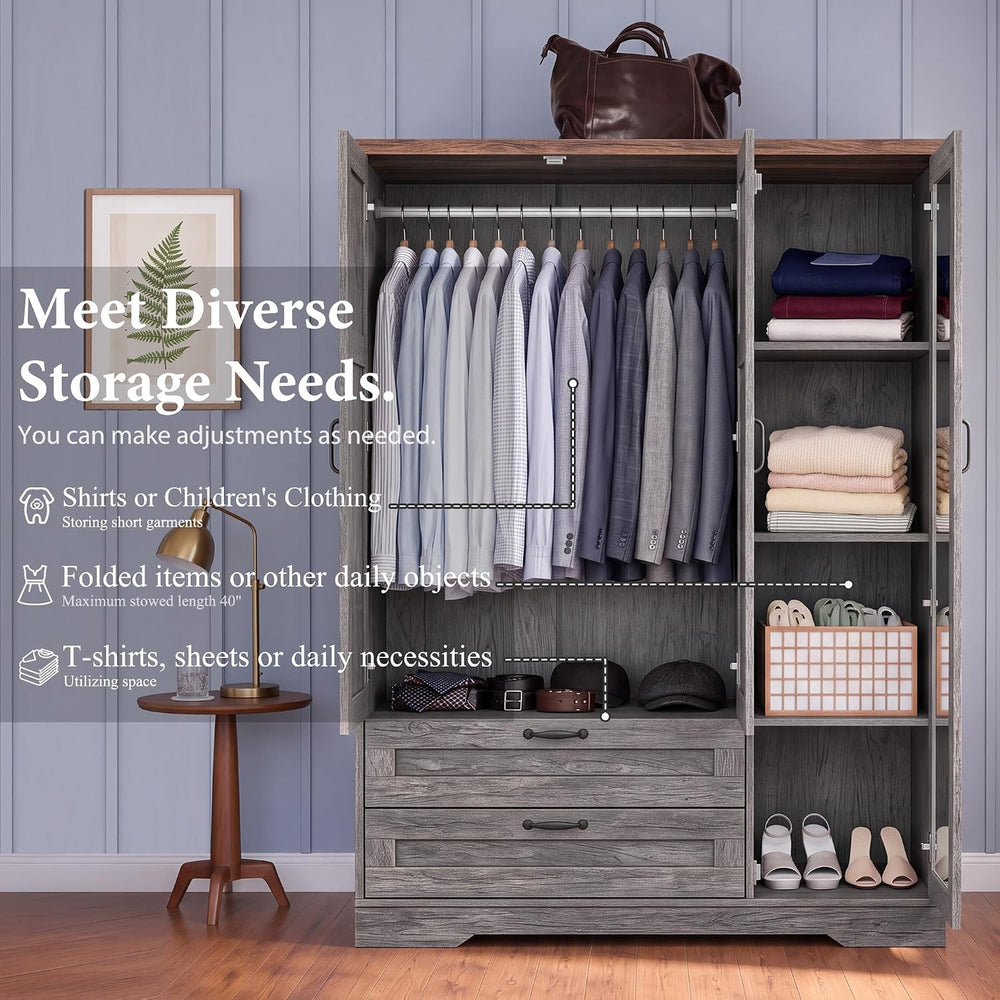 Yechen 62" Wooden Armoire Wardrobe Closet with 3 Doors & 2 Drawers, ...