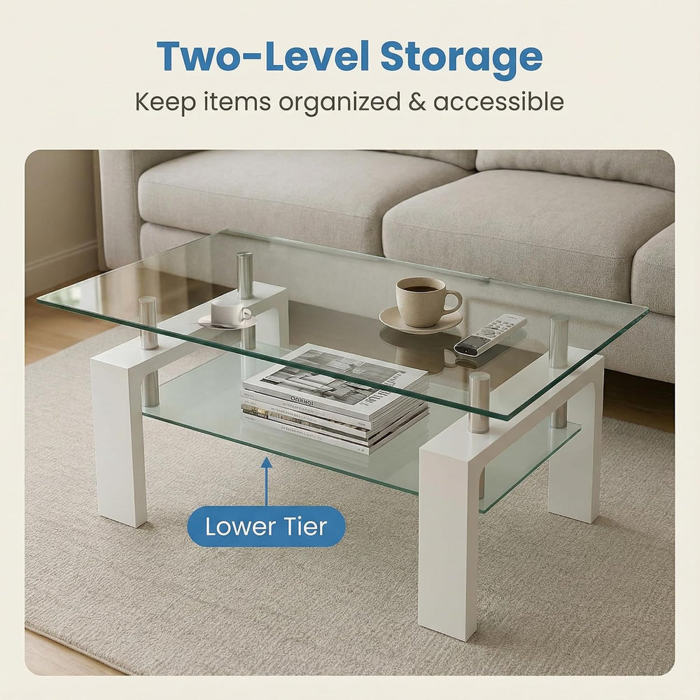 Glass Coffee Table for Living Room, Modern Coffee Table with Transparent Temp...