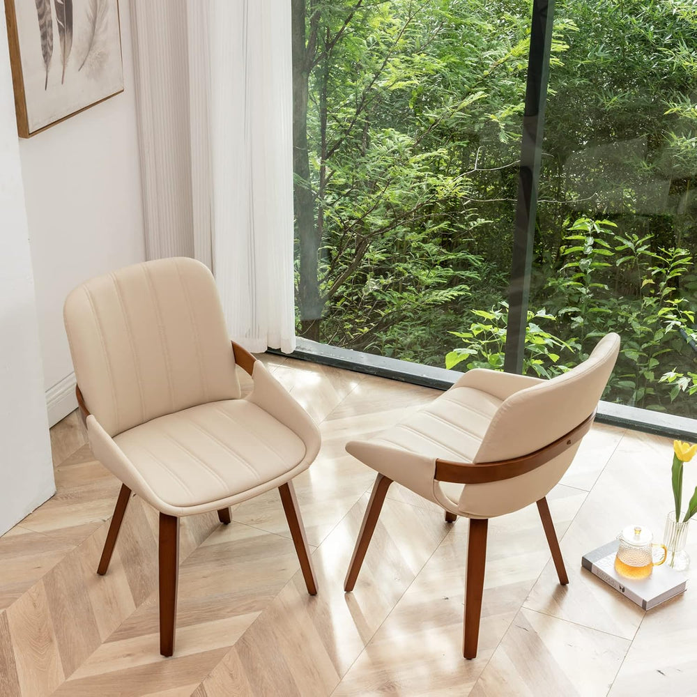 Mid Century Modern Beige Faux Leather Upholstered Dining Chairs Set of 2,Arml...