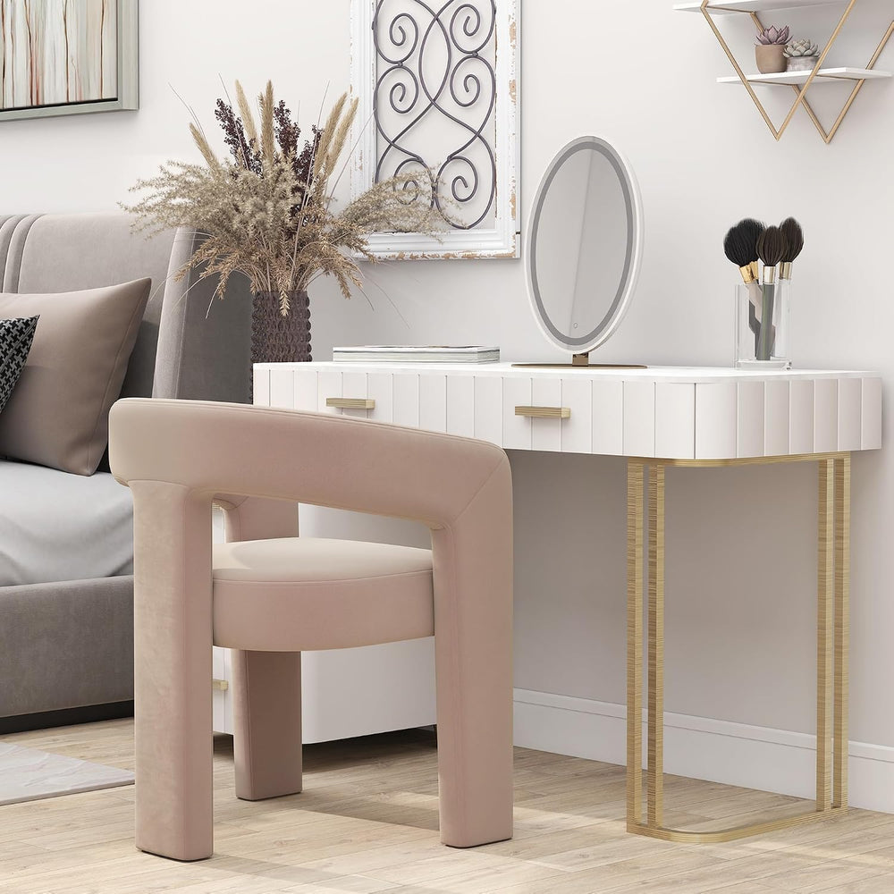HNY Modern Velvet Barrel Single Dining Chair, Khaki