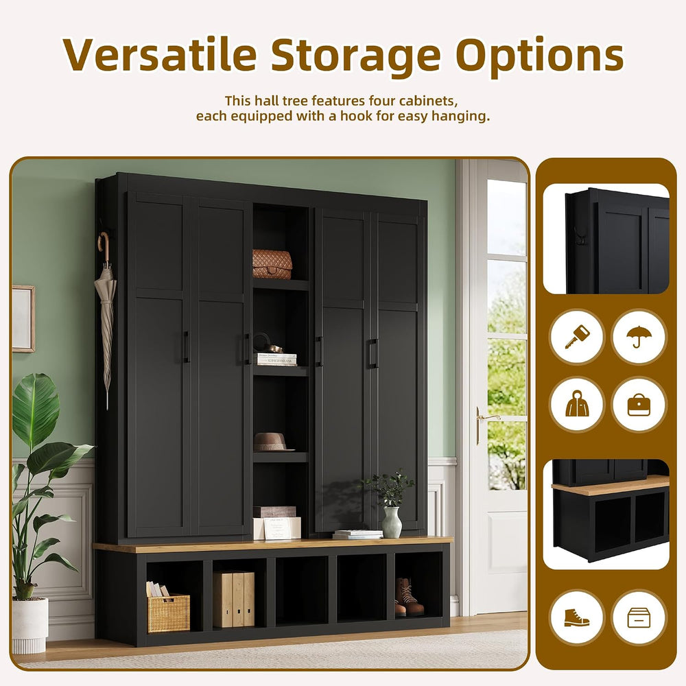 Modern 63'' Wide Hall Tree with 6 Hidden Hanging Hooks, Brown Wood Gr...