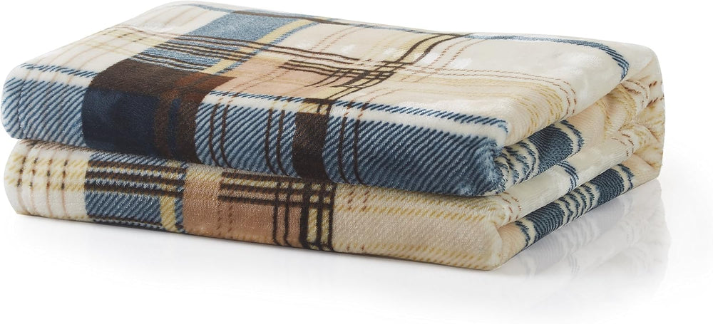 Tache Winter Cabin Blue Tan Farmhouse Super Soft Micro Fleece Tartan Plaid Pl...