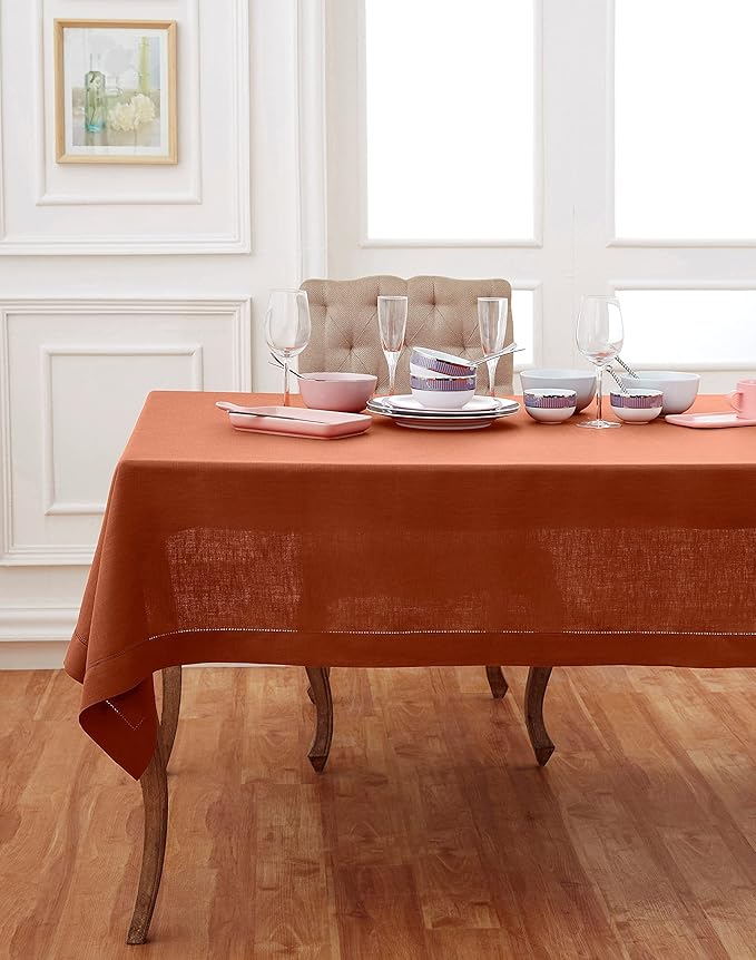 Solino Home Linen Cinnamon Tablecloth 60 x 120 Inch - Classic Hemstitch, 100%...