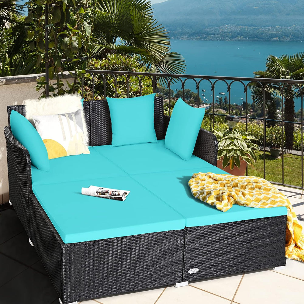HAPPYGRILL Outdoor Rattan Daybed, Patio Sunbed Sofa Set with Cushion & Pi...
