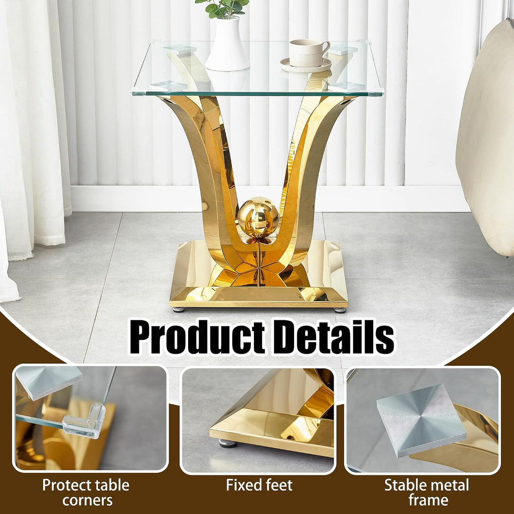New Gold Glass Side Table, Luxury End Table with Mirror Finish Stainless Stee...