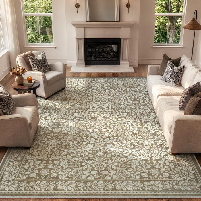 LIVEBOX 8x10 Neutral Area Rugs for Living Room, Vintage Floral Non-Slip Washable Rugs, Farmhouse Botanical Birds Pattern Large Area Rug for Bedroom, Carpet for Dining Room Decor(Neutral Beige,8'x10')