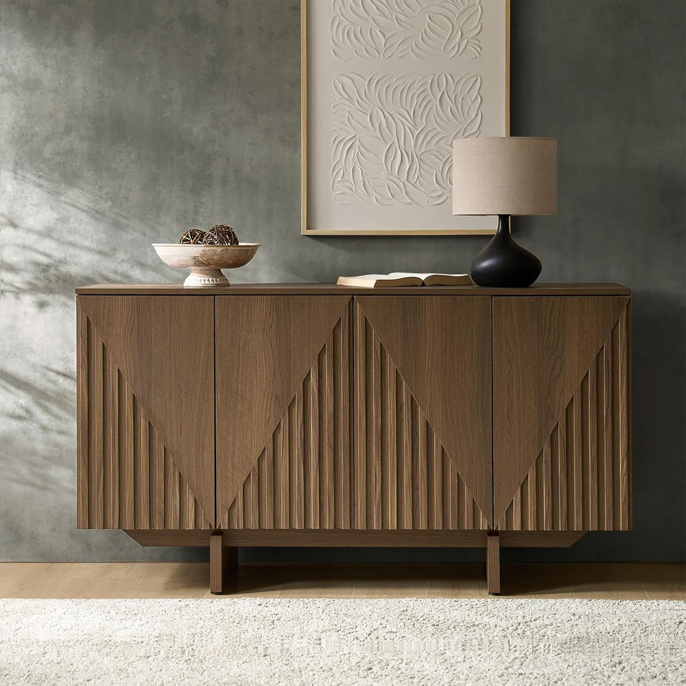 HULALA HOME Mid Century Modern Solid Wood Sideboard with Triangle, 4 Door Flu...