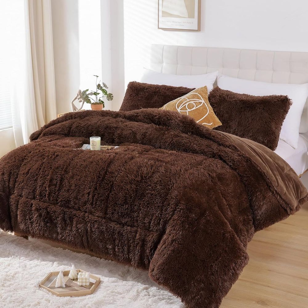 Smoofy Fluffy Queen Comforter Set, Brown Faux Fur Comforter Set 3 Pieces
