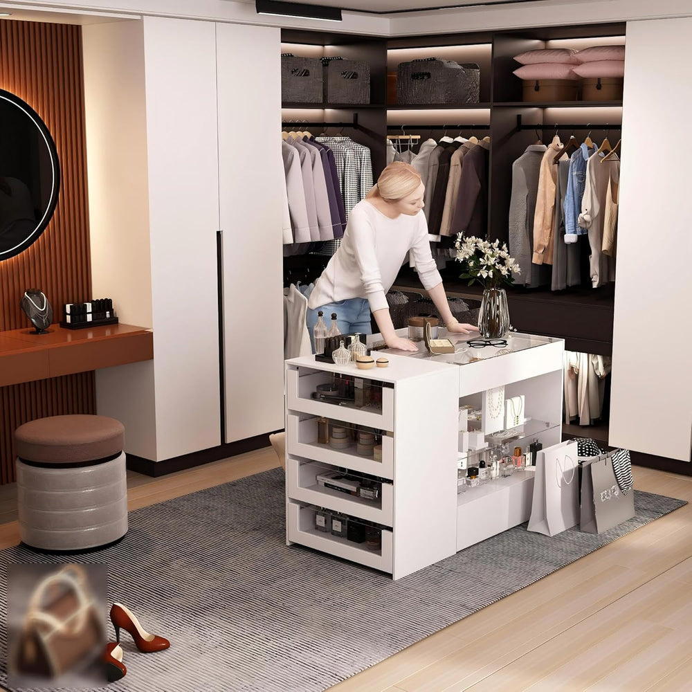 Glass Display Cabinet Closet Island, Glass Top Storage Cabinet for Retail, Co...