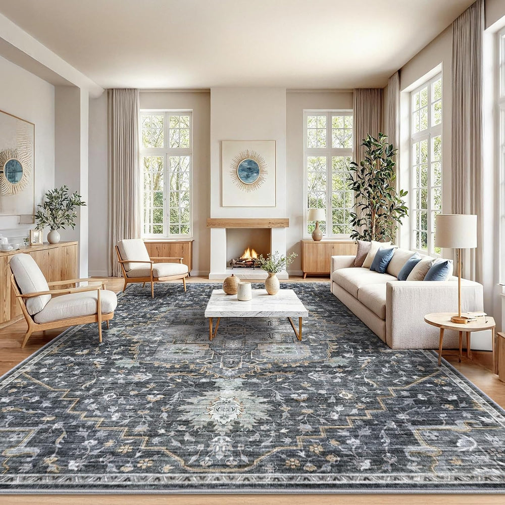 AMADA HOMEFURNISHING 10x14 Washable Area Rug, Low-Profile Large Area Rug
