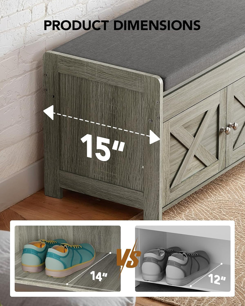 Amada Farmhouse Shoe Storage Bench with Cushion, 3 Doors & Lift-Top Stora...