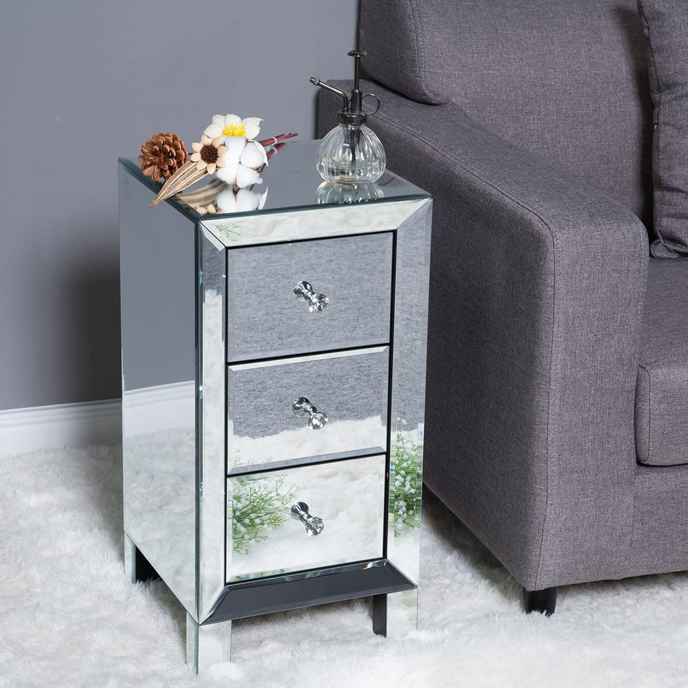 VINGLI Mirrored Nightstand with 3-Drawers Silver Side End Table Mirrored Furn...