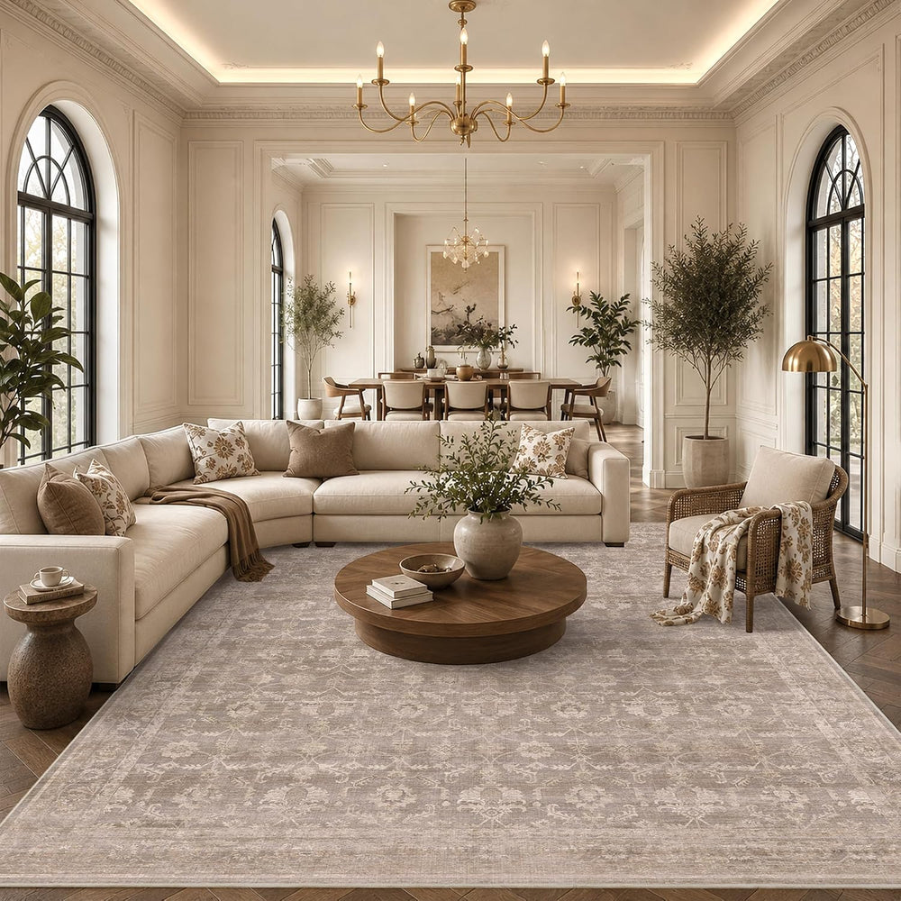 Living Room Washable 8x10 Area Rug Soft Boho Large Carpet Light Taupe