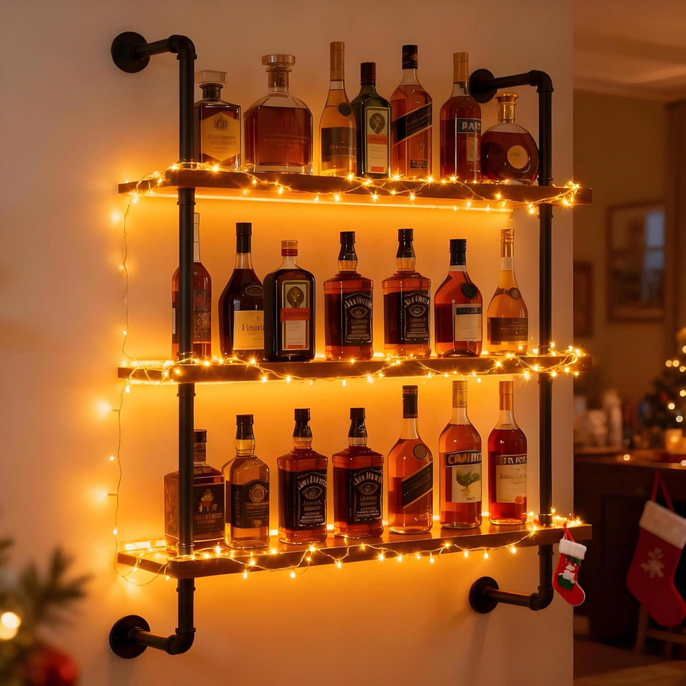 32" Wine Rack Wall Mounted with LED Lights, 3-Tiers Wall Bar Shelves | S...