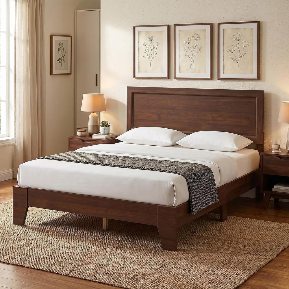 KOMFOTT Full Size Bed Frame, Mid-Century Modern Platform Bed with Headboard, ...