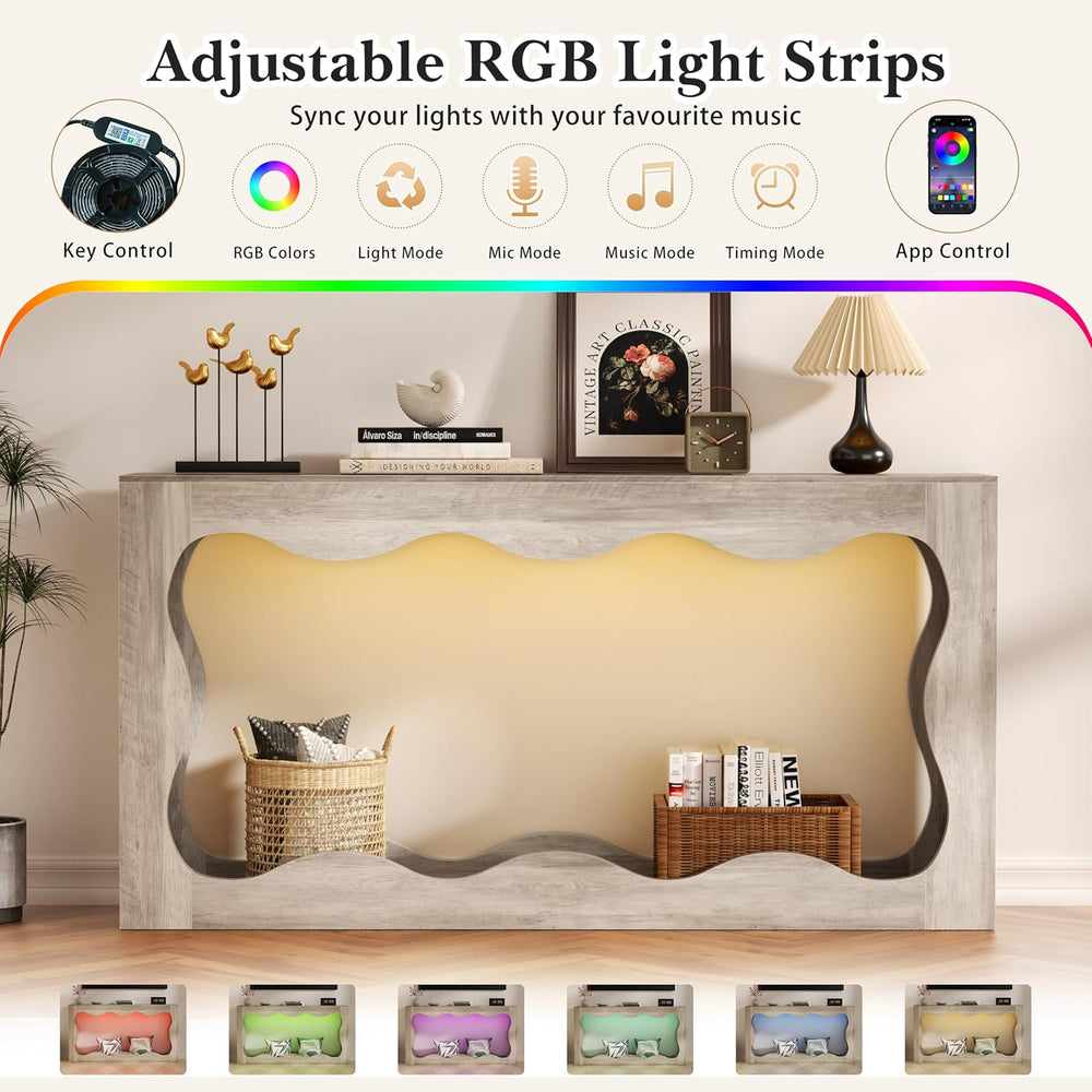 Vongrasig 63-Inch Farmhouse Entryway Table with Light Strips, Scalloped Conso...