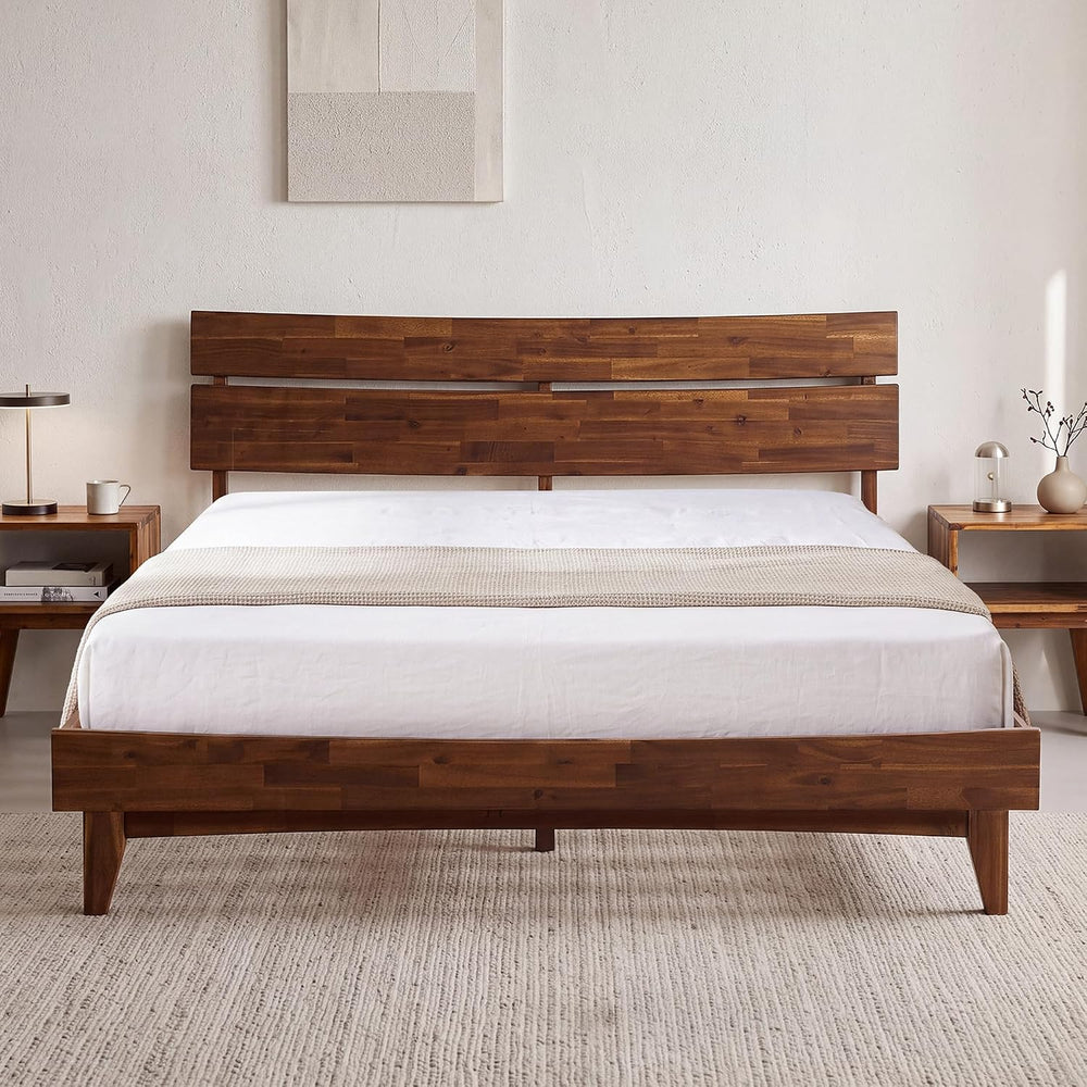 Aurora Acacia Solid Wood King Platform Bed Frame with Headboard, Walnut