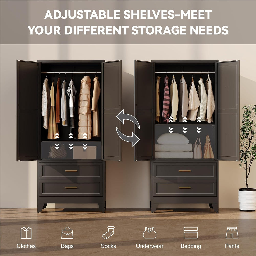 Baborokic Metal Wardrobe Cabinet with Hanging Rod,71" Armoire Wardrobe C...