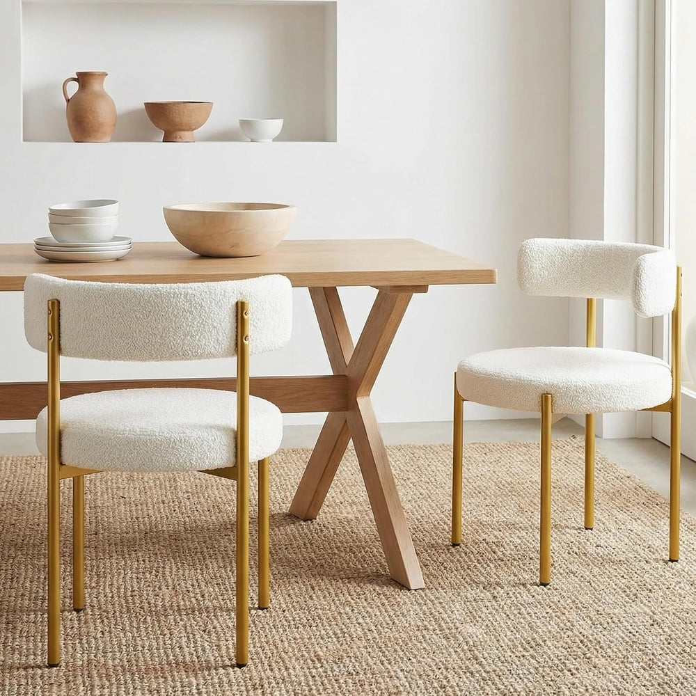 Boucle Dining Chairs Set of 4, Gold Legs, White