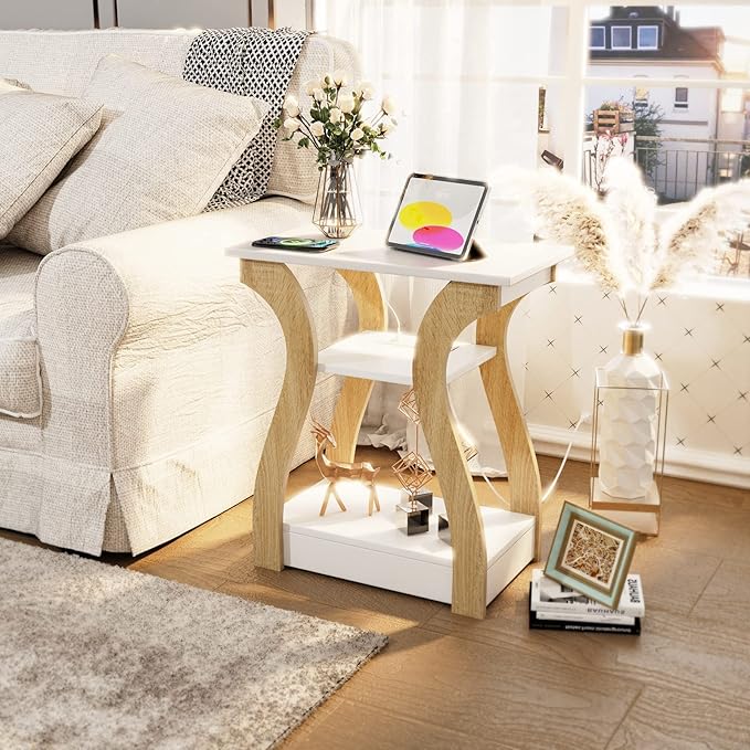 End Table Set of 2 with Charging Station, Side Table with USB Ports and Outle...