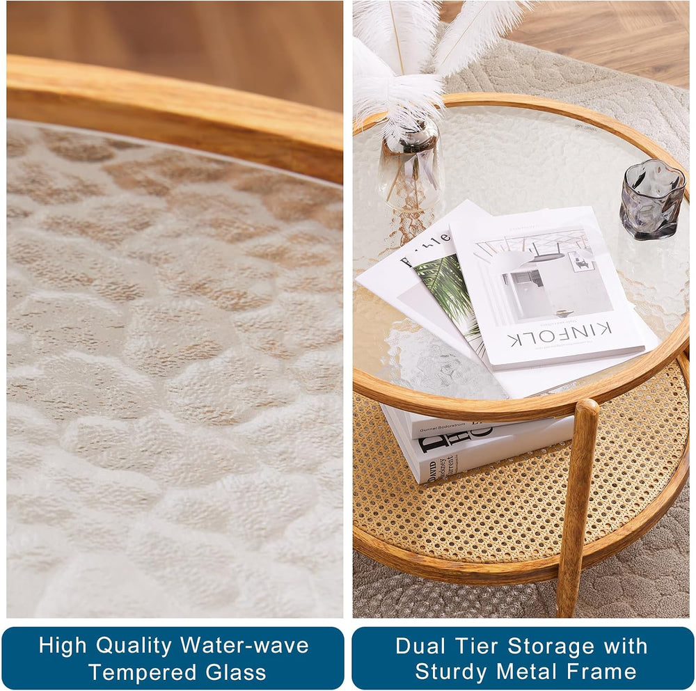 VINGLI 25.6" Round Glass Coffee Table, Rattan Coffee Table, Natural Vibe