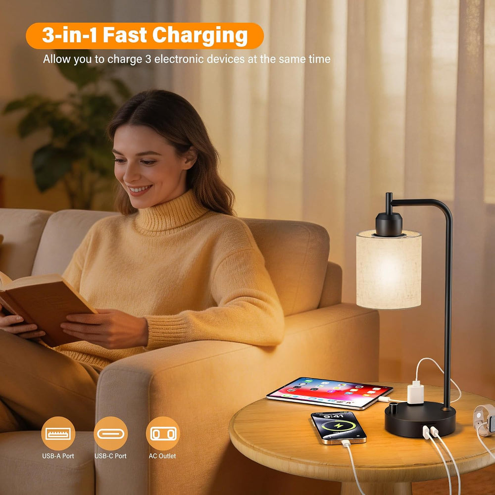 SIBRILLE Industrial Table Lamps with Linen Shade, Set of 2 Fully Dimmable Bed...
