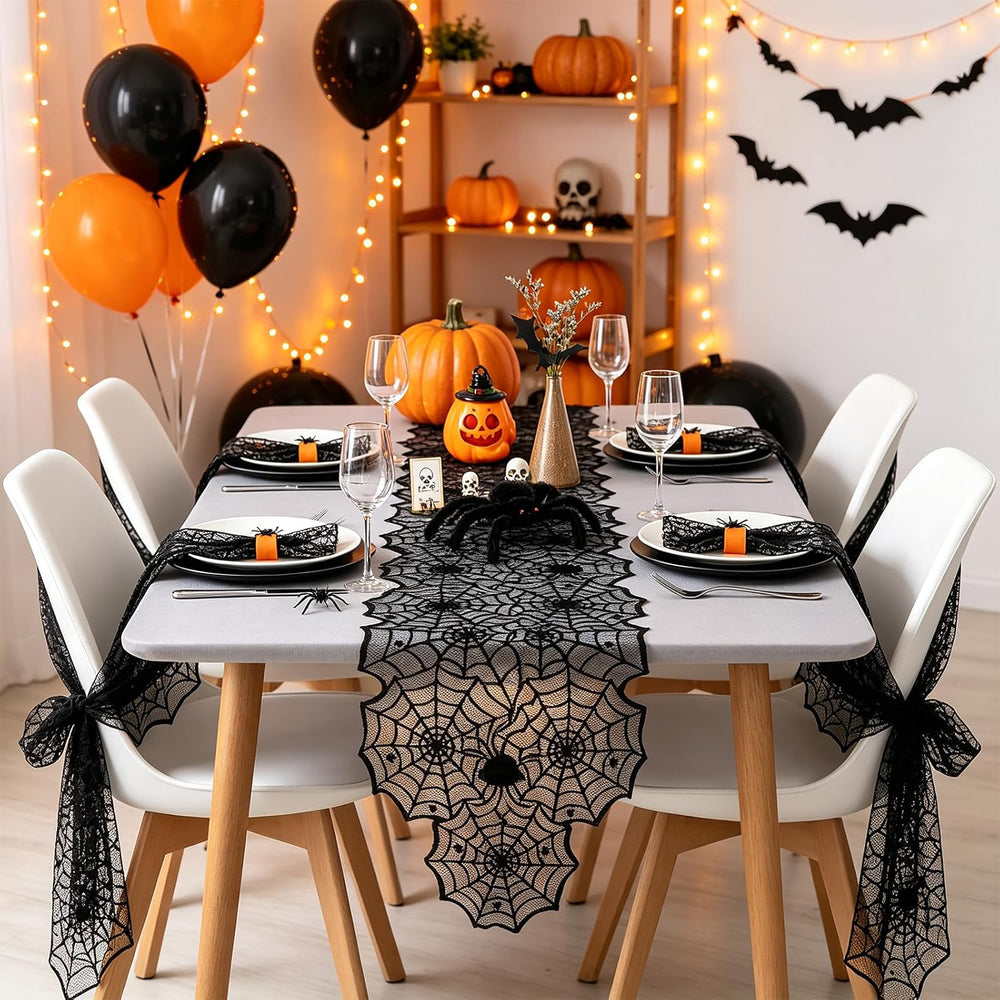 10 Pack Halloween Table Runners Black Lace Spider Web Linens