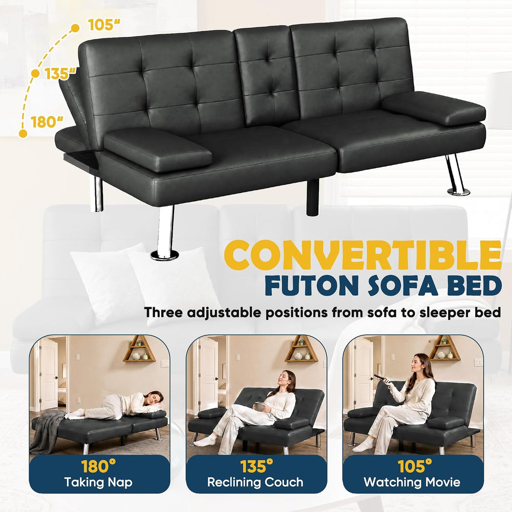 Furmax Convertible Futon Sofa Bed with Adjustable Backrest & 2 Cup Holders