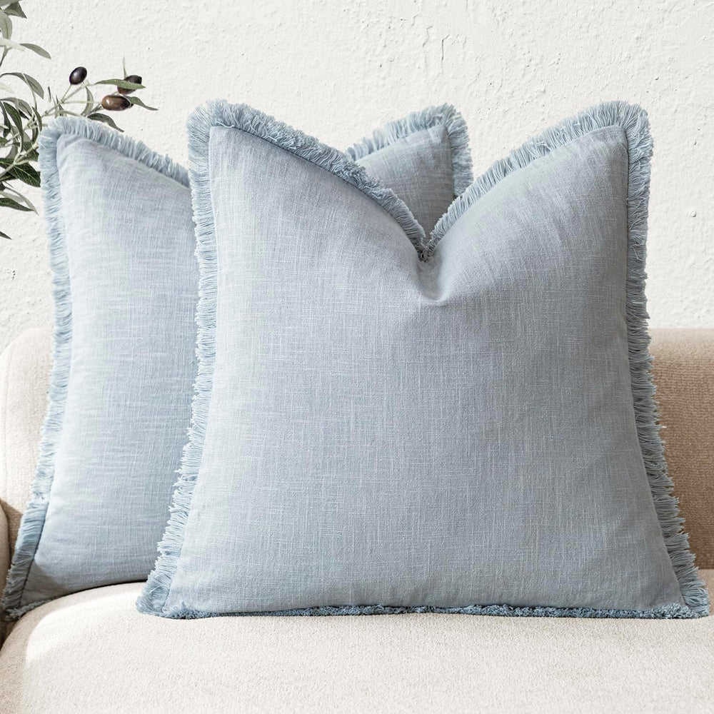Foindtower Decorative Linen Fringe Throw Pillow Covers 22×22 Inch,Sky Blue