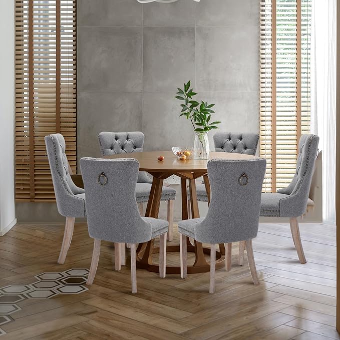 Linen Upholstered Dining Chairs Set of 6, Modern Style Kitchen Side Chairs wi...