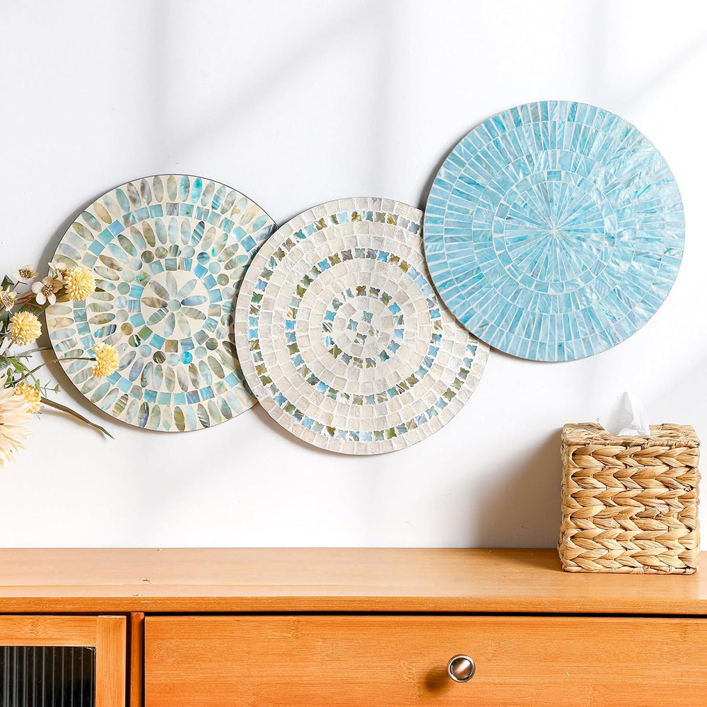 Tioncy 3 Pcs 11.8'' Blue Mother of Pearl Shell Plate Coastal Wall Art