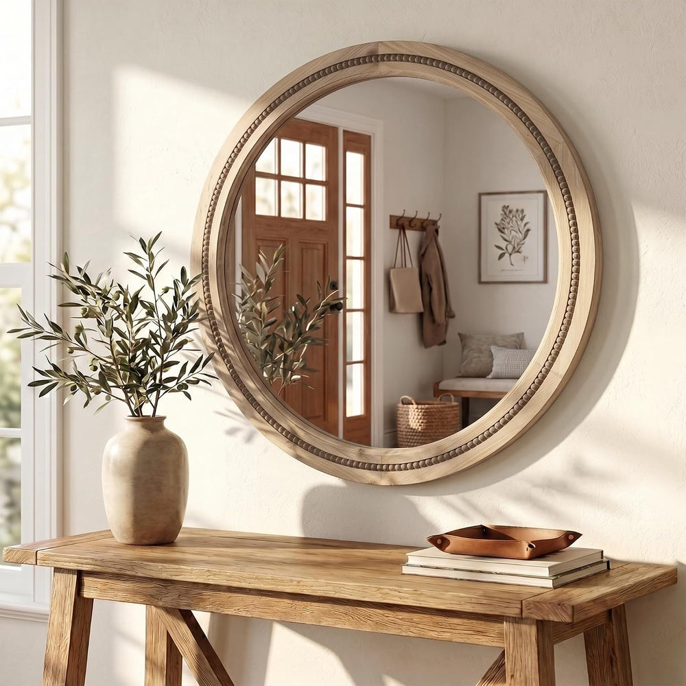 Solid Wood 30 Inch Round Beaded Vanity Wall Mirror, Natural Wood