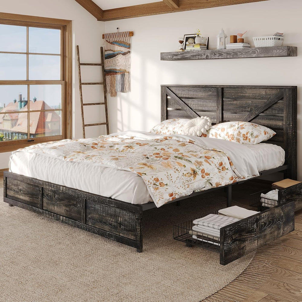 Queen Size Wooden Bed Frame with 4 Storage Drawers