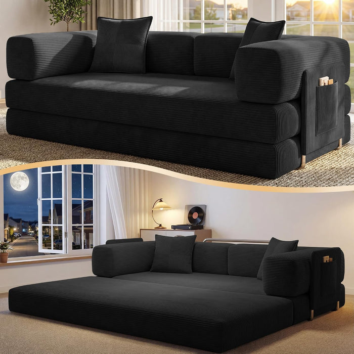 78.8" Convertible Futon Sofa Bed, Boneless Couch for Living Room | Corduroy Boneless Loveseat Sleeper Sofa, Modular Futon Couch with Storage Pocket, Pull Out Couch No Assembly | Black