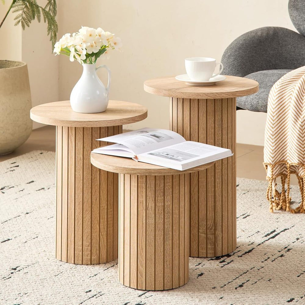 3-Piece Nesting Coffee Table Set, Modern Small Round Wood Side Tables, Fluted...