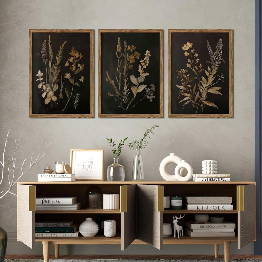 Framed Dark Botanical Wall Art Set of 3, Black Moody Floral Wall Decor Painti...