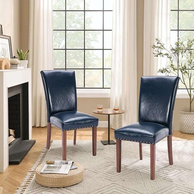 Parsons Dining Chairs Set of 4, Upholstered Nailhead PU Leather Dining Room K...