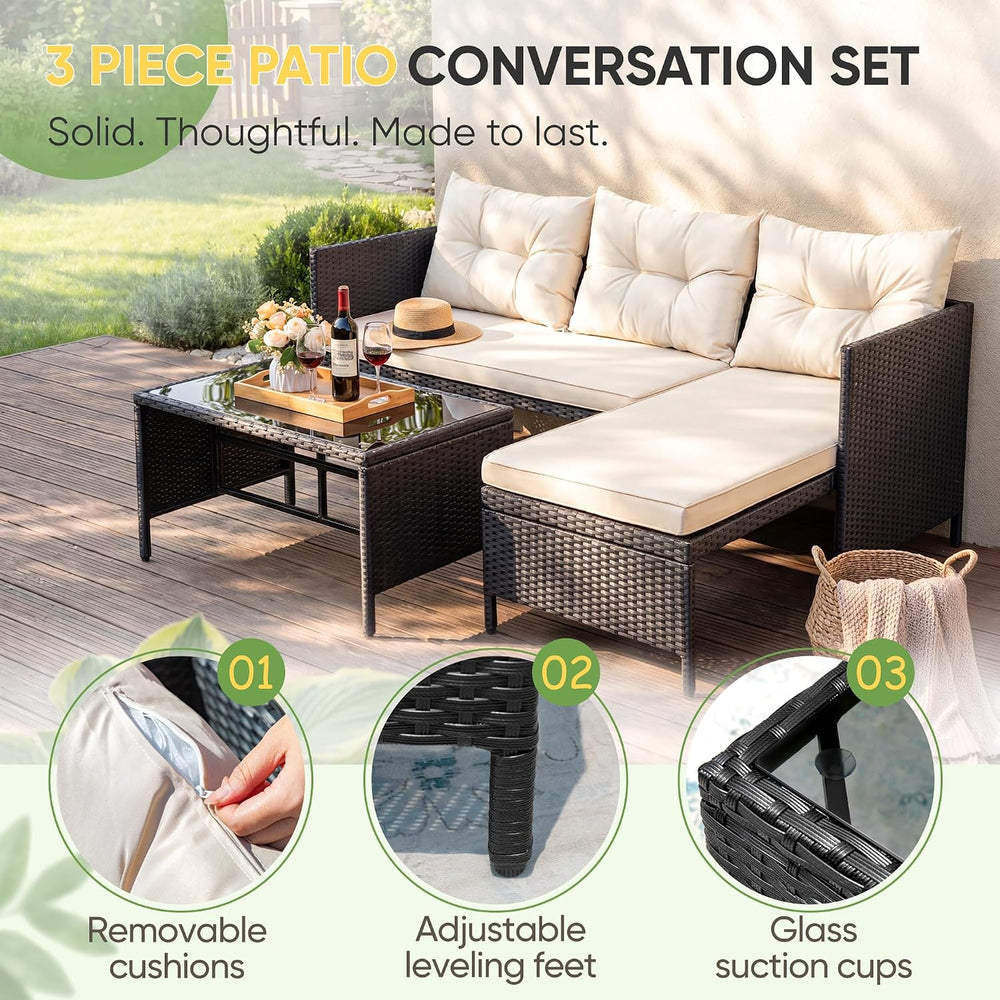 Greesum Patio Furniture Set 3 Piece Outdoor Wicker Sectional Sofa,Beige