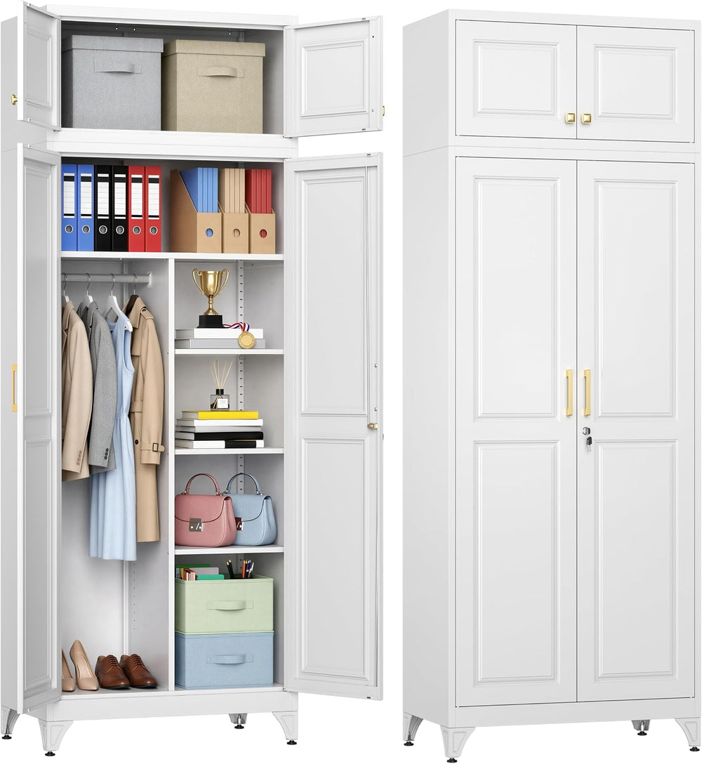 86" Metal Wardrobe Closet with Lock, Tall Armoire, White