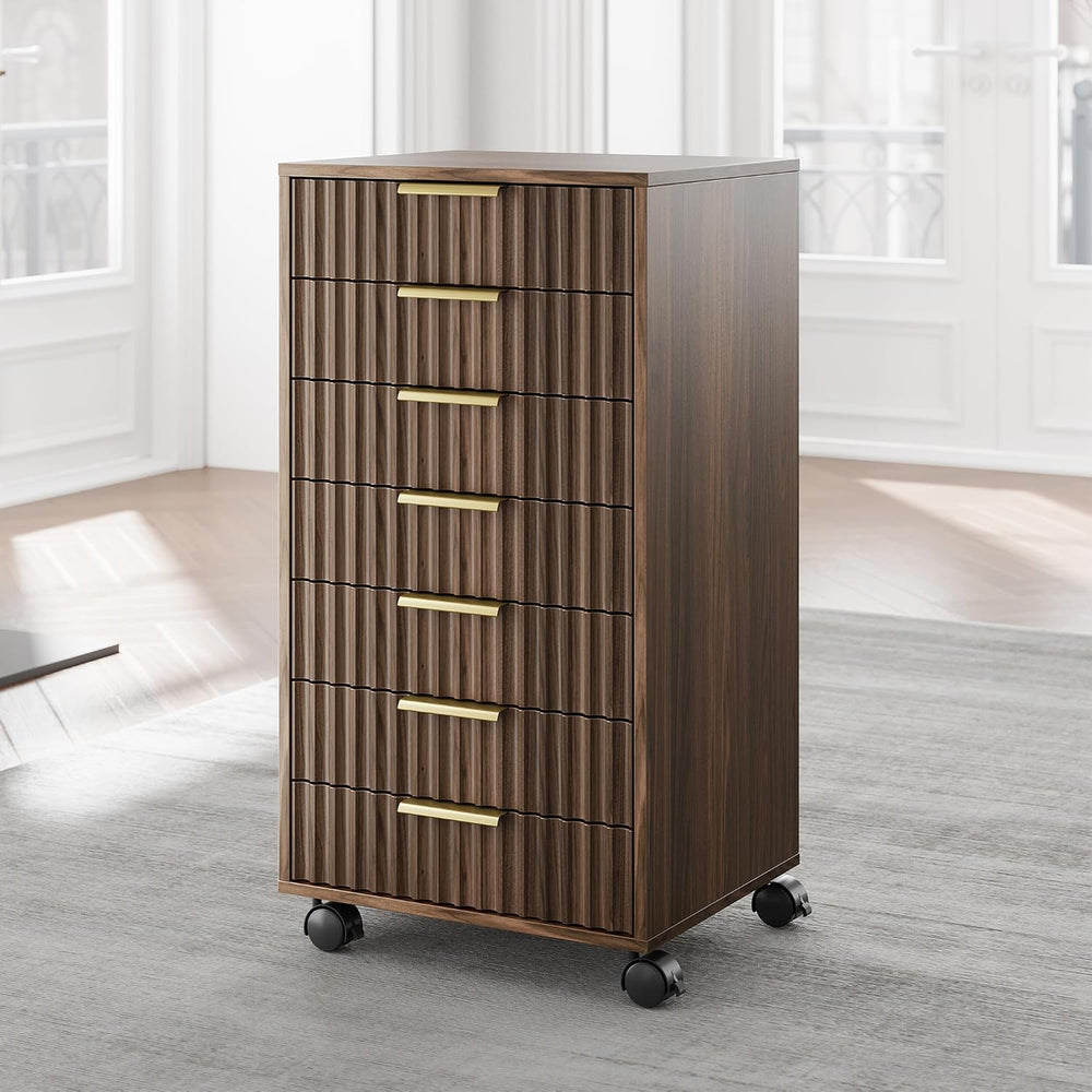 7 Drawer File Cabinet with Wheels for Home Office, Black Walnut