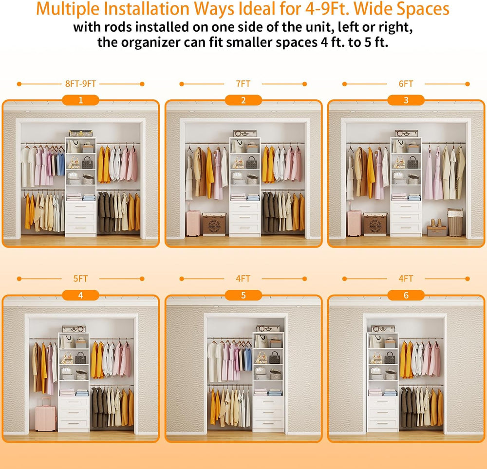 Closet System,5FT-9FT Closet Organizer with 3 Drawers