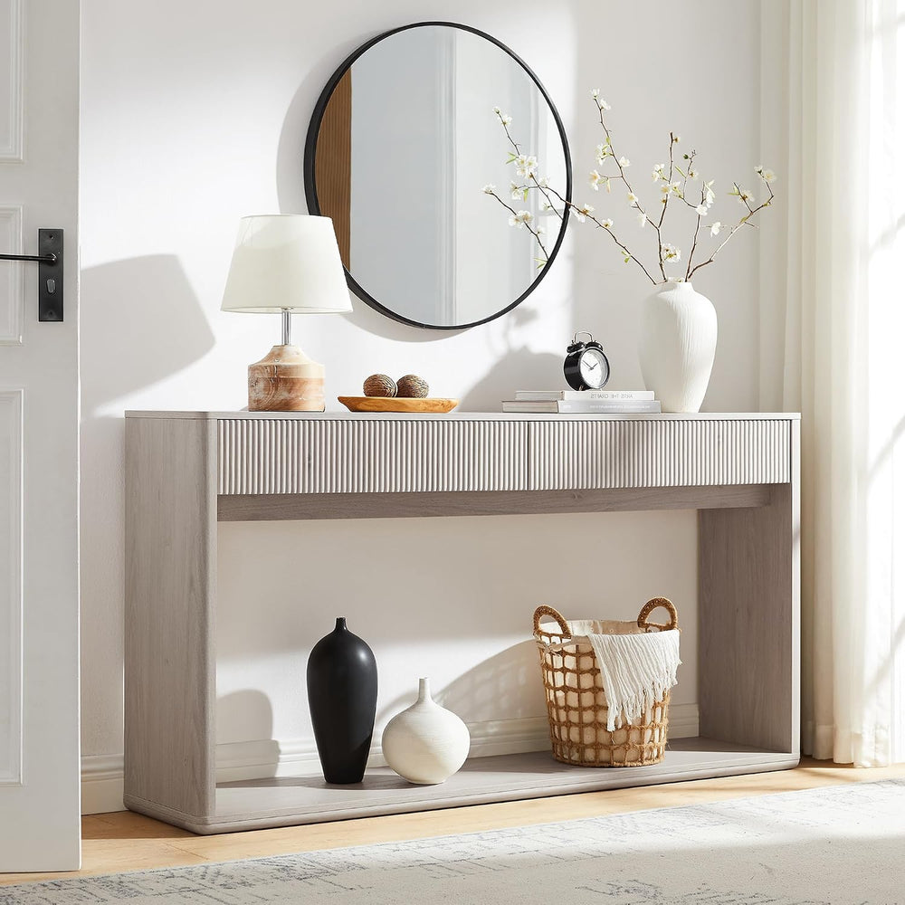 OKD 63" Fluted Console Table for Entryway with 2 Large Drawers, Alder White
