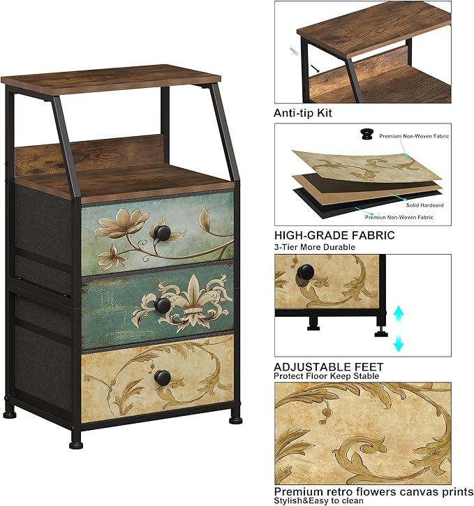 Tohomeor Dresser with Fabric Drawers Nightstand with 2 Tier Shelf Storage Tow...